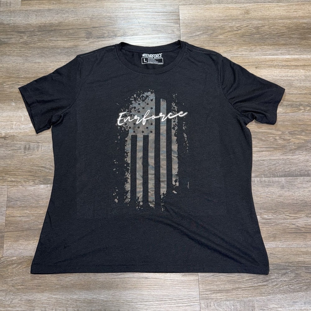 Enrforce Black Graphic Shirt Womens Large Distressed American Flag Print
